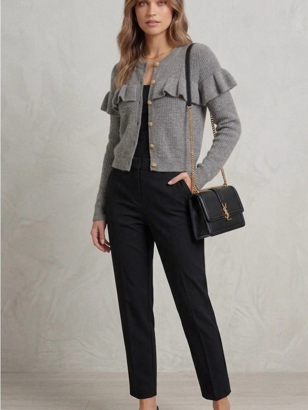 H&M Grey Ruffle-Detail Ribbed Knit Sweater Cardigan - Picture 4 of 13